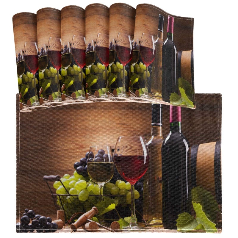 Oarencol Red and White Wine Glasses Placemat Table Mats Set of 6, Grape Wooden Heat-Resistant Washable Clean Kitchen Place Mats for Dining Table Decoration - Image 1